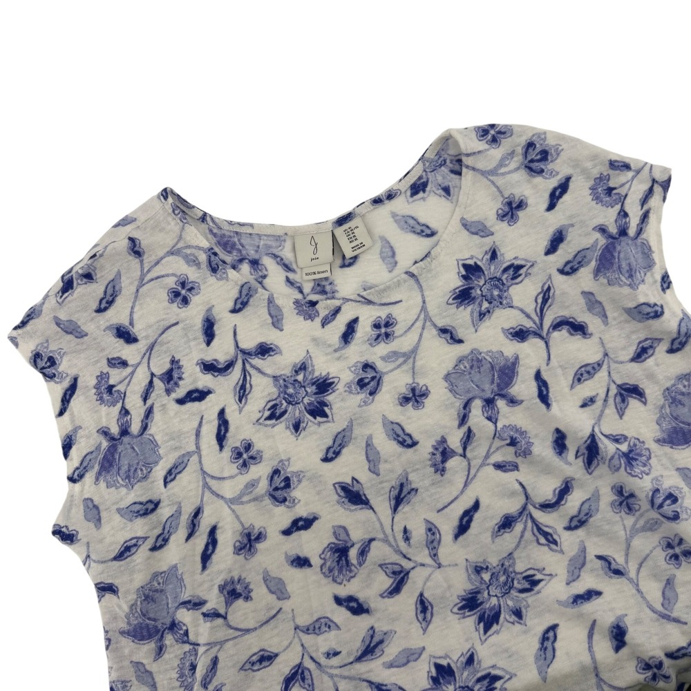 Joie Women's XL White Blue Floral 100% Linen Knit Short Sleeve Crew Neck Top